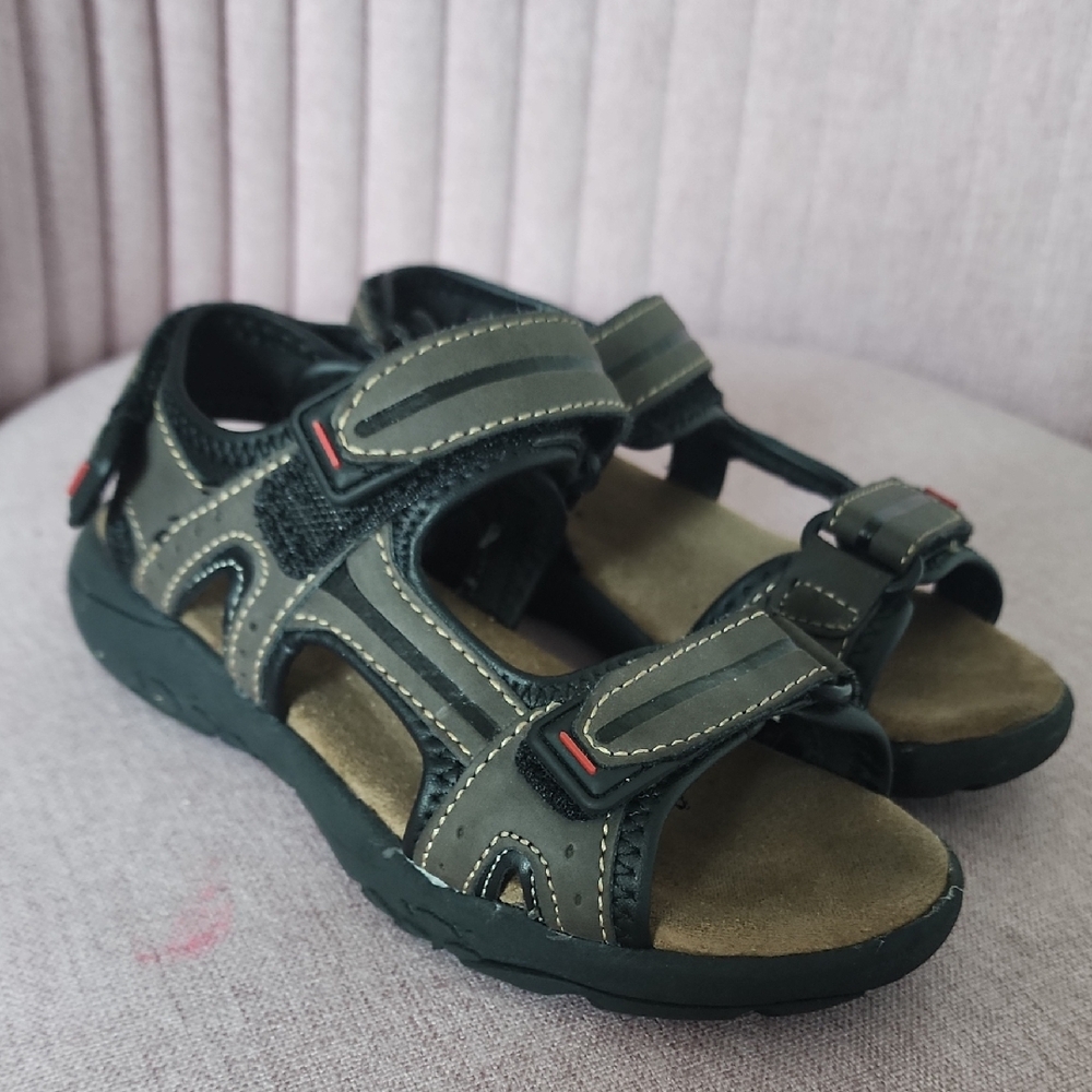 Tan and Black Sandals with Adjustable Straps and Contoured Footbed